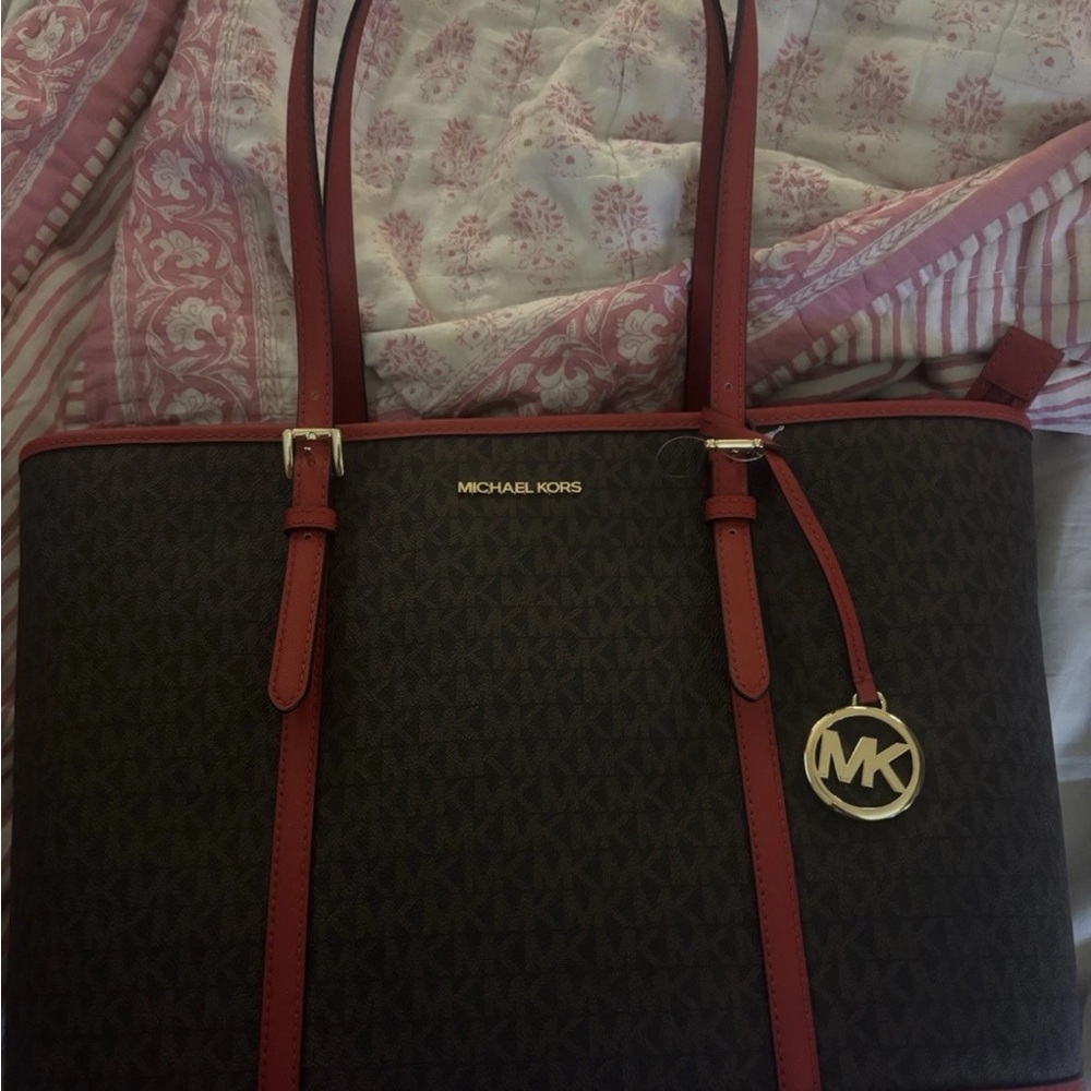 Michael Kors Brown and Red Tote with Gold Charm